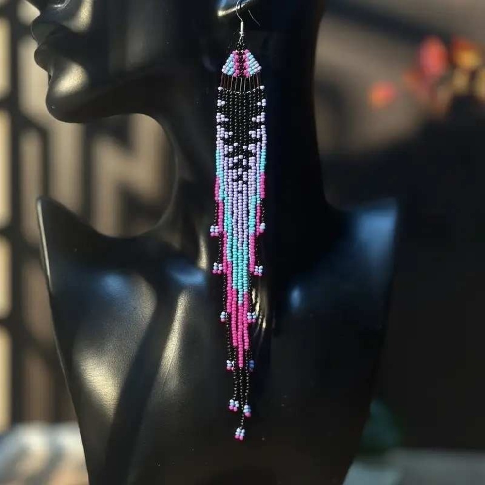 Handcrafted Pink, Purple & Turquoise Beaded Fringe Earrings NWOT NEVER WORN - Picture 2 of 3